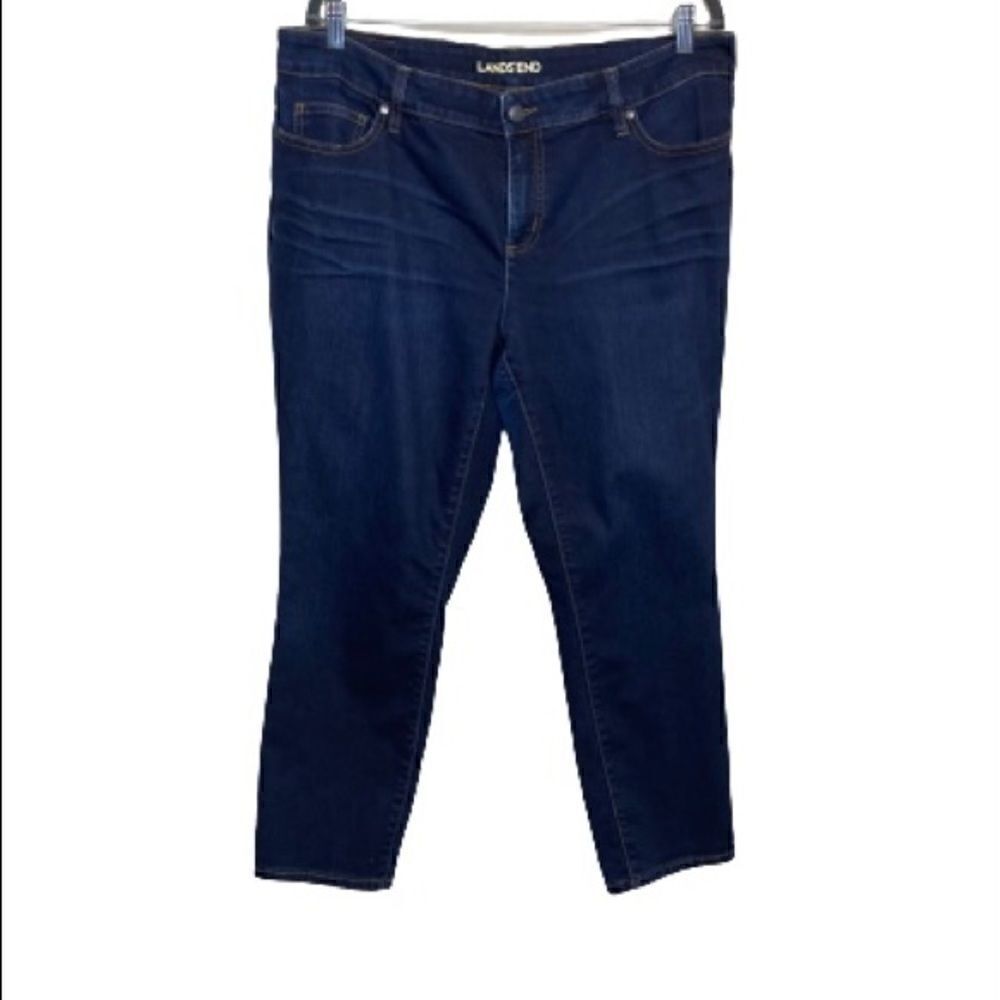 Lands End dark wash not too low rise slim jeans 16 petite